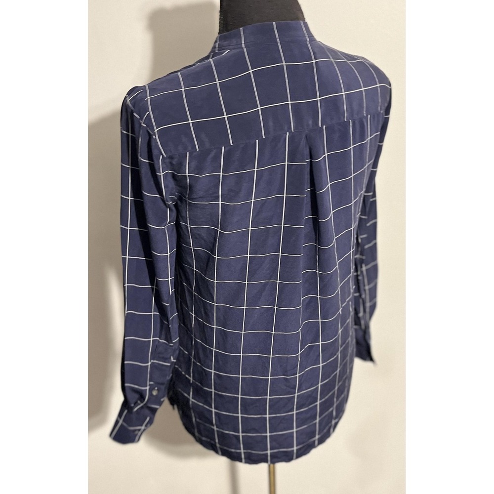 Madewell Shirt Womens XS Navy Windowpane Silk Lace-Up Long Sleeve Blouse Top - Picture 3 of 12
